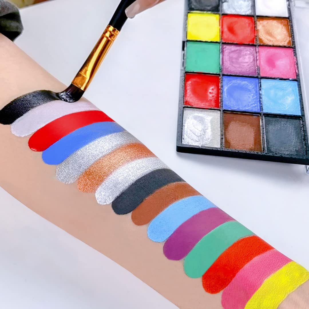 Face Painting Kit for Adults, Water Activated Body Face Paint, 15 Colors Water Based Facepaints Makeup Palette 12 Pcs Brushes, Stencils, Non Toxic