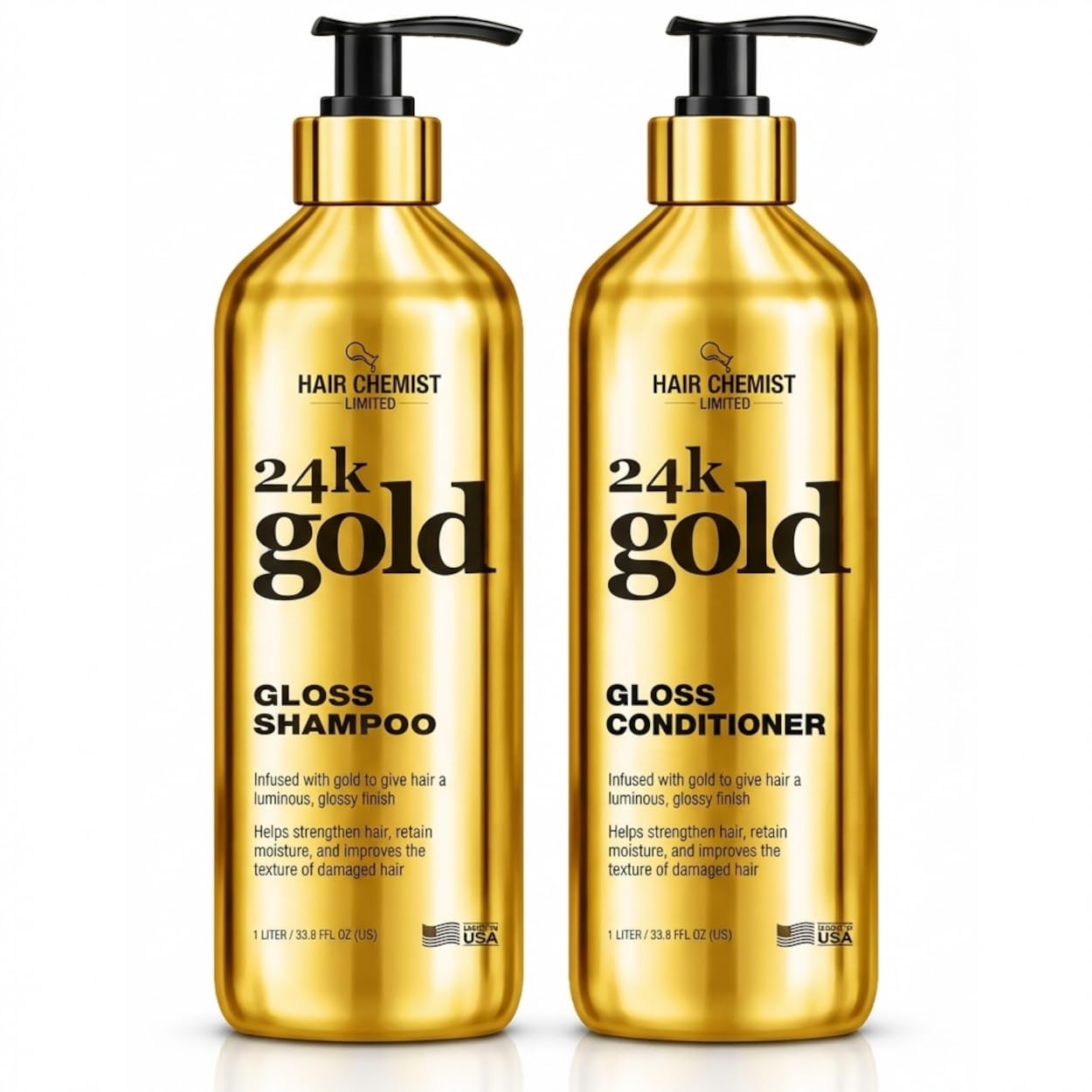 Hair Chemist 24K Gold Gloss Shampoo & Conditioner 33.8 oz. 2-PC Set - Strengthening & Shine Enhancing Hair Care System - Hydrating, Smoothing