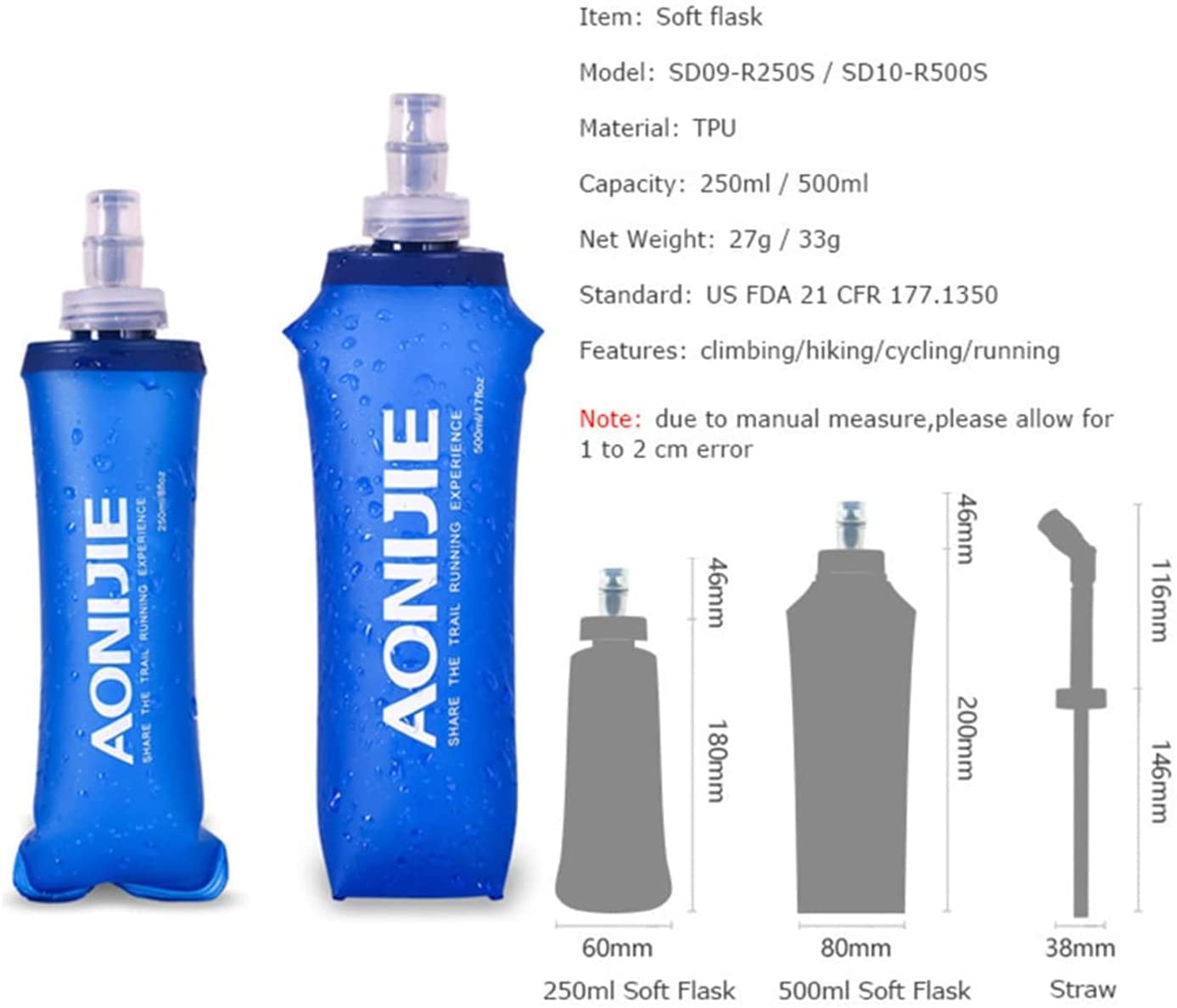 AONIJIE 2pcs Foldable 250mL/500mL TPU Outdoor Sport Water Hydration Bottle Soft Flask For Running Camping Hiking Bicycle (250ML-2pcs)