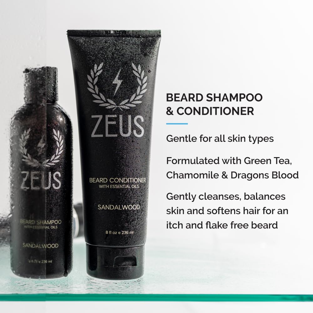 ZEUS Everyday Beard Care Kit for Men, Beard Shampoo, Conditioner, Refined Oil & Styling Balm, Softens, Hydrates, Tames & Strengthens (Made in USA)