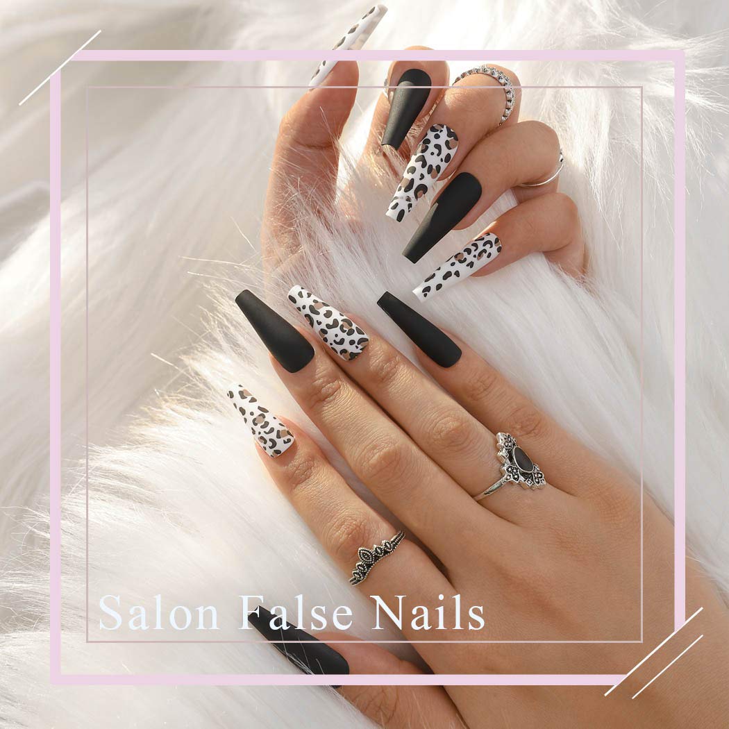 Sethexy Leopard Ballerina False Nail Matte Long Coffin Fake Nails Press on 24Pcs Acrylic Art Nail Tips For Women and Girls (Black)