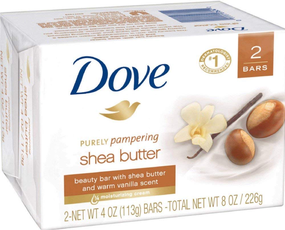 Dove Beauty Bar Soap - Purely Pampering - Shea Butter - 2 Count 4 OZ Bars Per Package - Pack of 2 Packages (Total of 4 Bars)