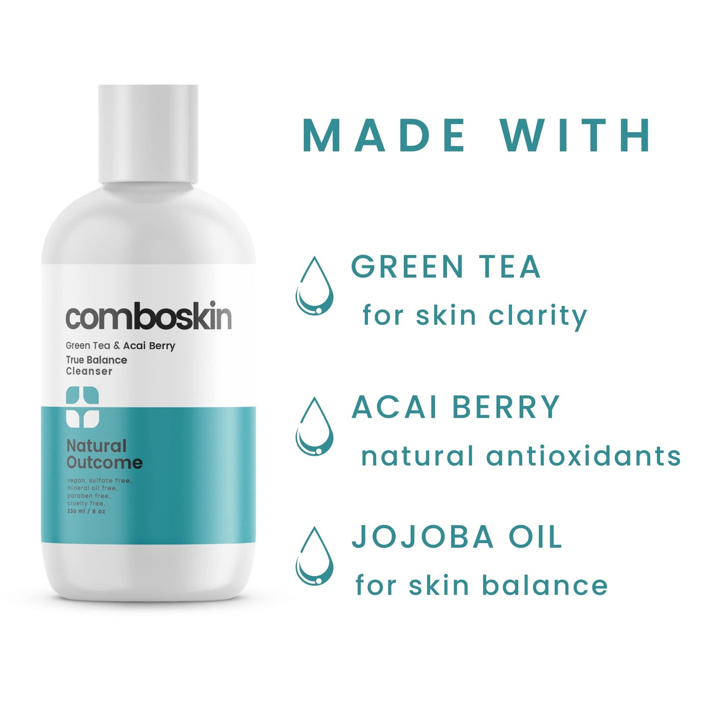 natural outcome Combination Skin True Balance Facial Cleanser Green Tea & Acai Berry | Face Wash and Cleansing Gel for Men & Women | Cruelty Free | 8