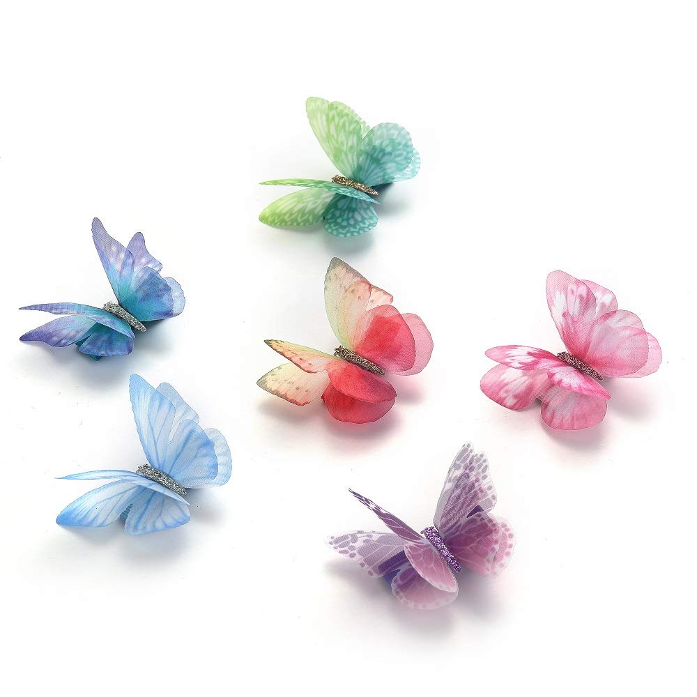 Liasun 6Pcs/pack 3D Colorful Organza Butterfly Hair Clips - Chiffon Fairy Wings - Ribbon Wrapped Clips 0.4Inch Barrettes Hair Accessories