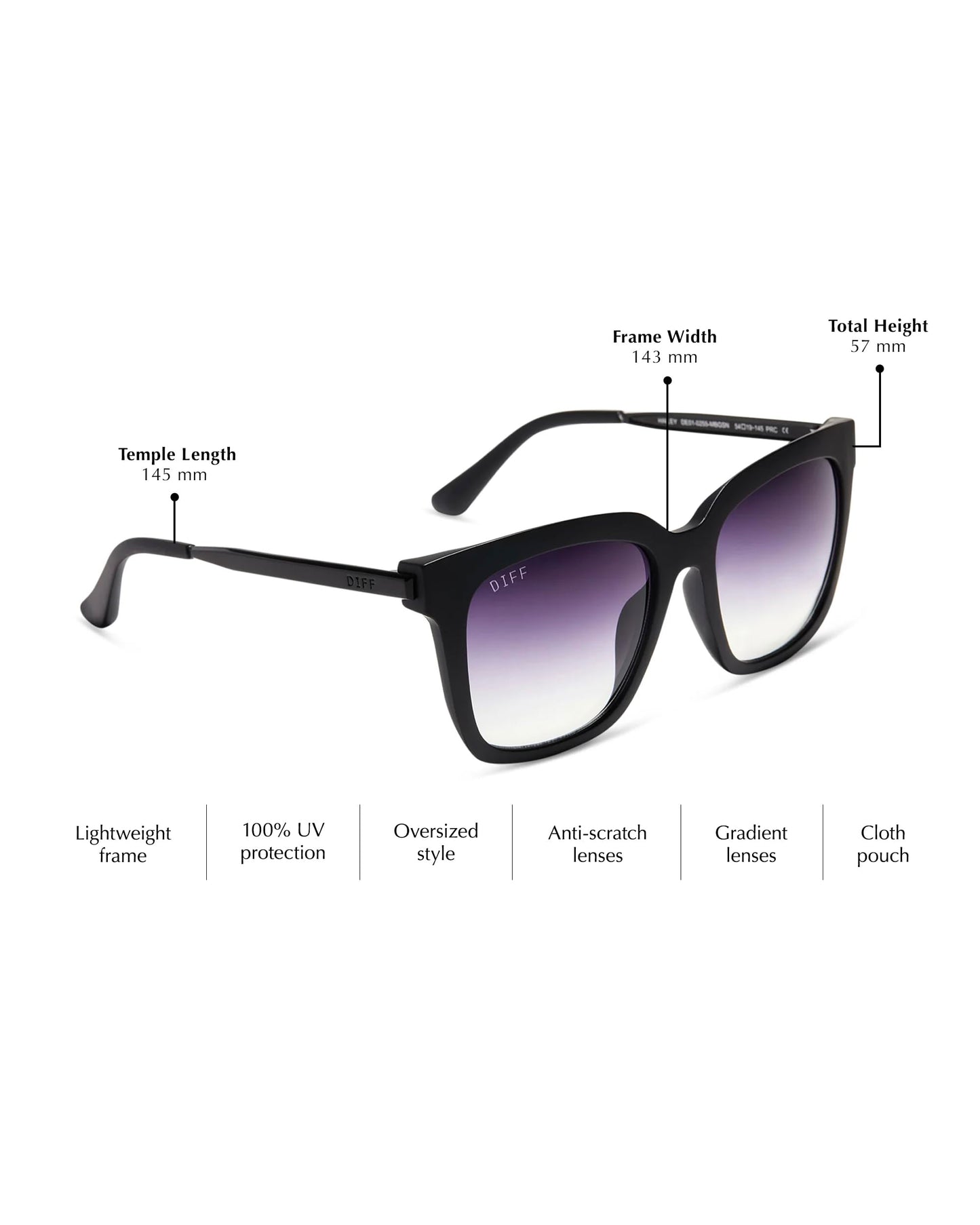 DIFF Hailey Lightweight Square Sunglasses for Women UV400, Matte Black + Sharp Grey Gradient
