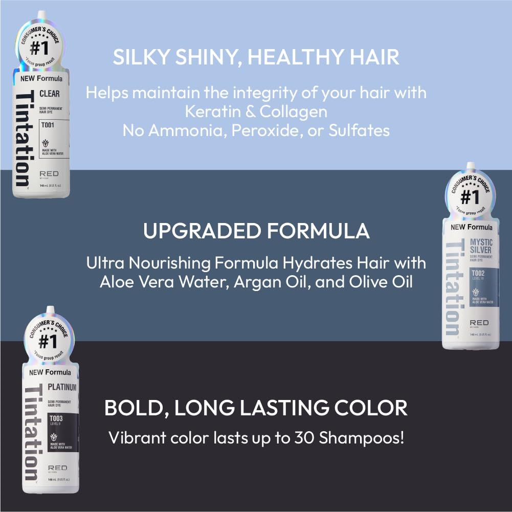 Red by Kiss Tintation Semi-Permanent Hair Color, Aloe Vera Water Based, Argan Oil, Olive Oil, Collagen & Keratin, Long-Lasting Color Dye (Platinum, 5