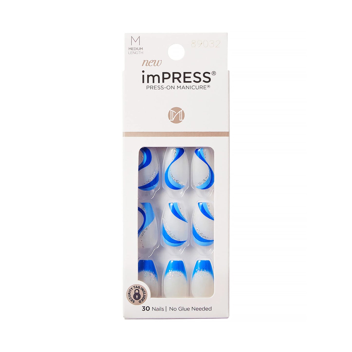 KISS imPRESS No Glue Mani Press On Nails, Design, 'Mesmerize', Blue, Medium Size, Coffin Shape, Includes 30 Nails, Prep Pad, Instructions Sheet, 1