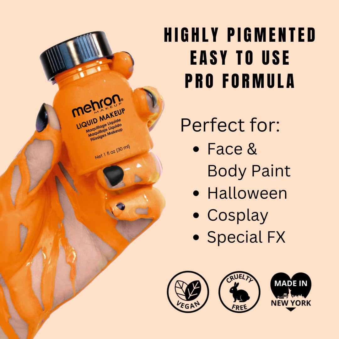 Mehron Makeup Liquid Makeup | Face Paint and Body Paint Perfect for Halloween, Cosplay I Air Brush Compatible Body Paint(1 oz) (Orange)