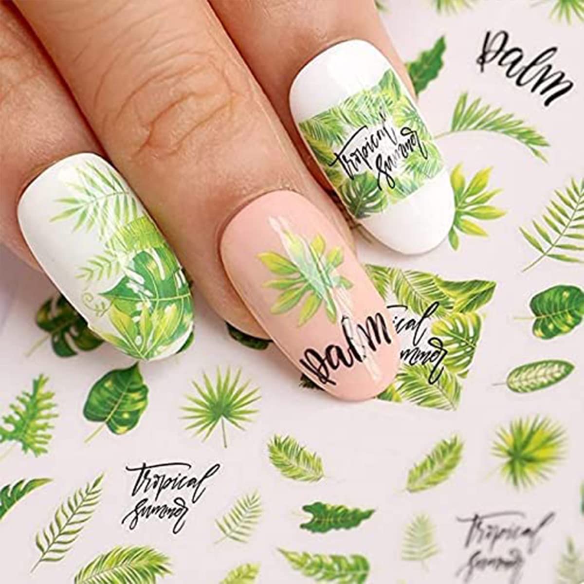 12 Sheets Summer Leaf Nail Art Stickers 3D Self-Adhesive Nail Decals Nail Art Supplies Palm Leaves Clover Nail Design for Women Manicure Nail
