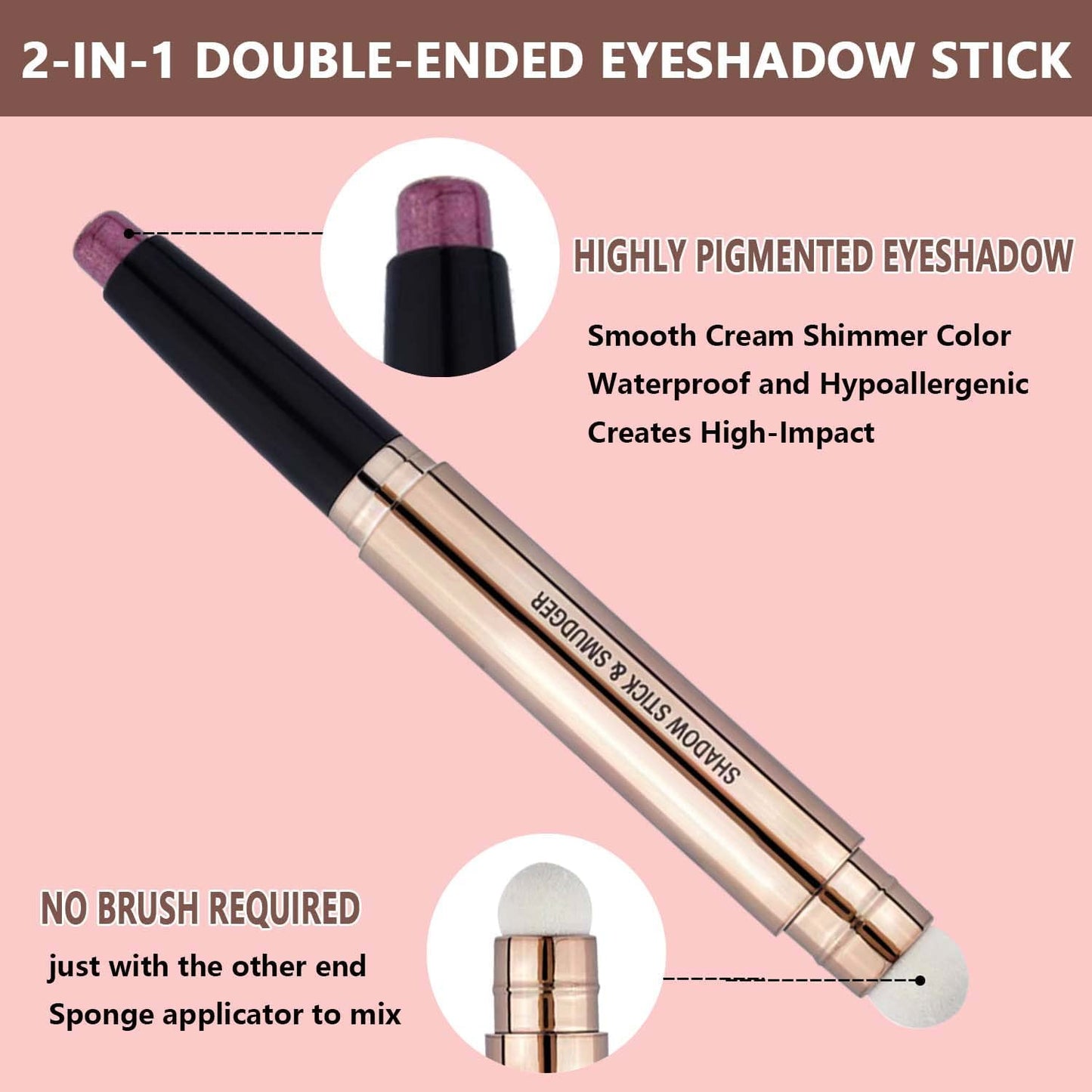 2 in 1 brown Eyeshadow stick and Sponge Makeup Brush, Smooth Cream Shimmer Shadow Pencil Long Lasting Waterproof Eye Shadow Highlighter Stick Makeup