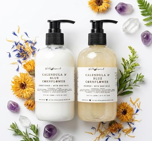 Wild Hermit Wellness Calendula and Blue Cornflower Goat Milk Shampoo and Conditioner Set, Soften and Shine, 10 oz Each, 2 Count