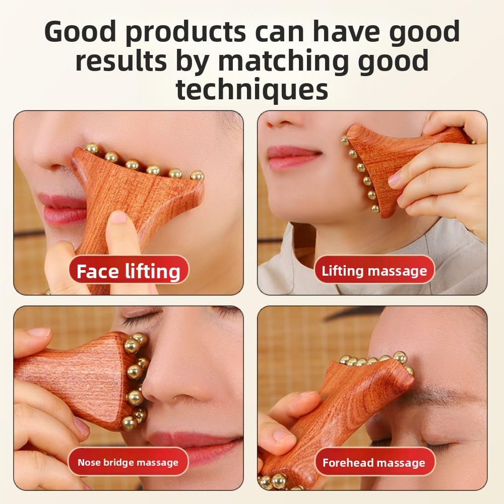 Brass Gua Sha Massage Tool for Face Lifting, Anti-Aging, Jawline Definition, Nasolabial Folds, Apple Cheek Lift - Wooden Handle Facial Roller (Walnut Beauty and Personal Care Waillynice