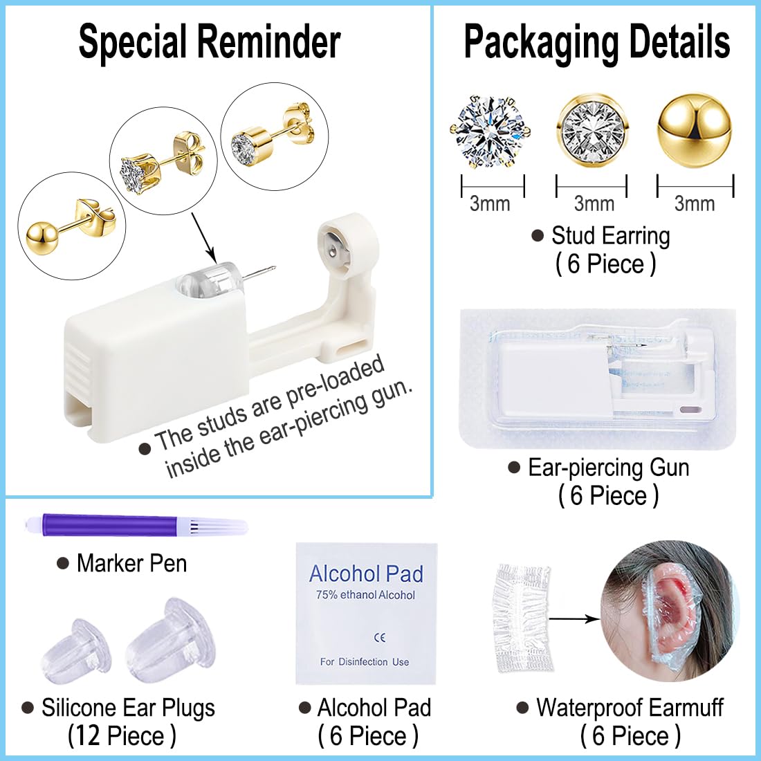 VitaCool Ear Piercing Kit Disposable Ear Cartilage Piercing Gun 3mm Studs Beauty and Personal Care VitaCool