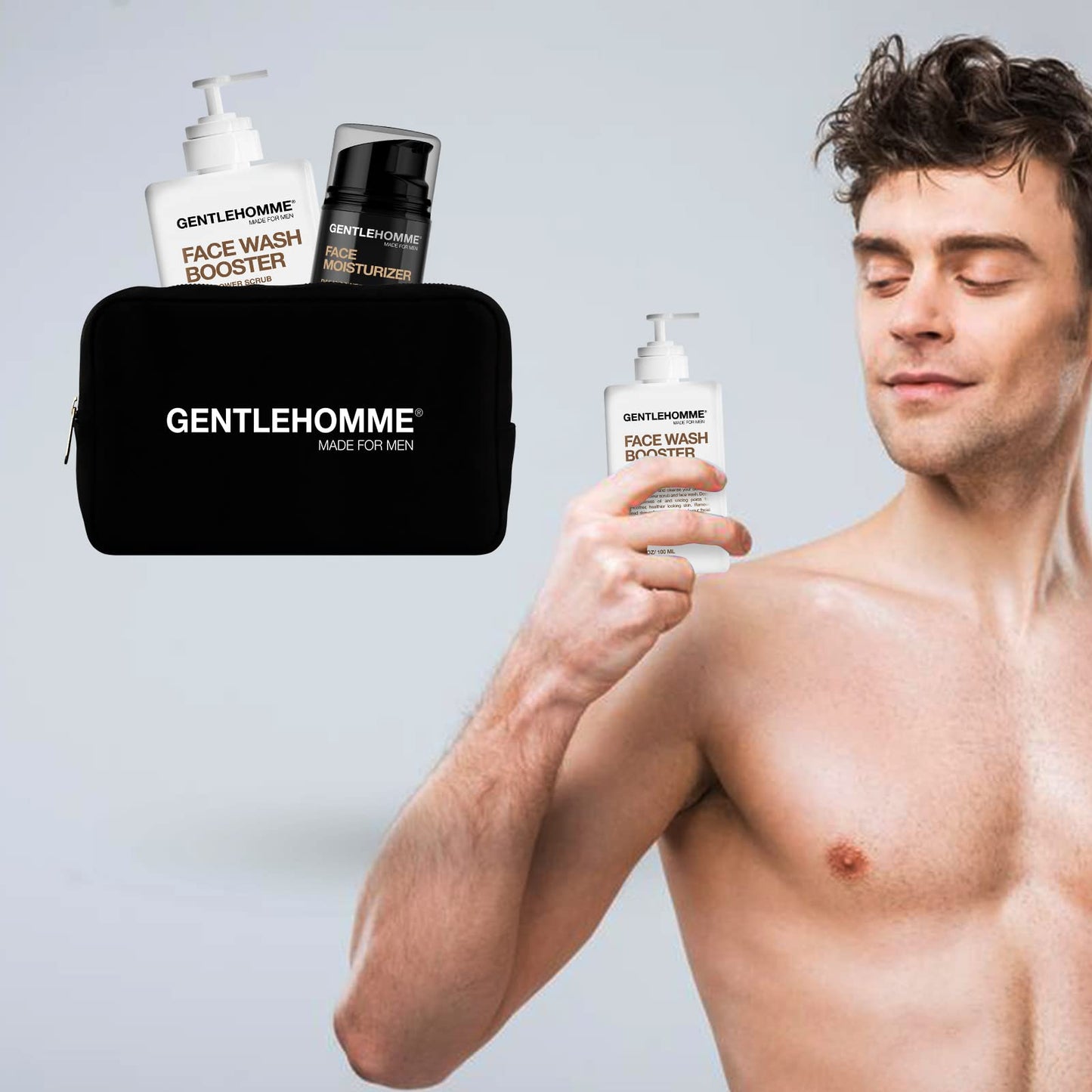 Gentlehomme Facial Kit - Pouch, Facial Cream & Cleanser for Men, Face Essentials for Travel, Men's Travel Skincare Set - Includes Facial Cream (1.8