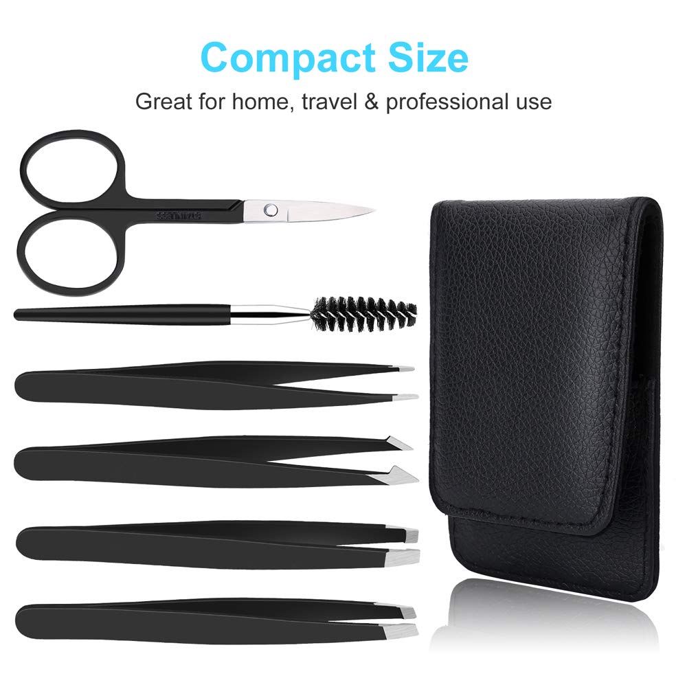 UUBAAR 6 PCS Professional Tweezers Set - Stainless Steel Precision Tweezer Kit for Eyebrows, Facial Hair, Ingrown Hair & Splinter Removal with Travel