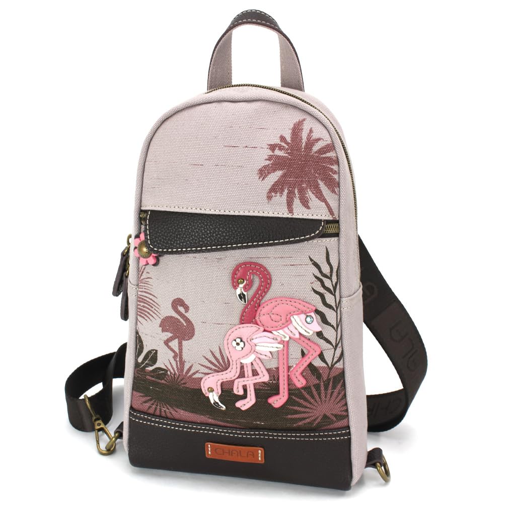 CHALA Canvas Sling Bag Women RFID Protected Canvas Crossbody Backpack with Adjustable Strap (Flamingo Group - Gray)