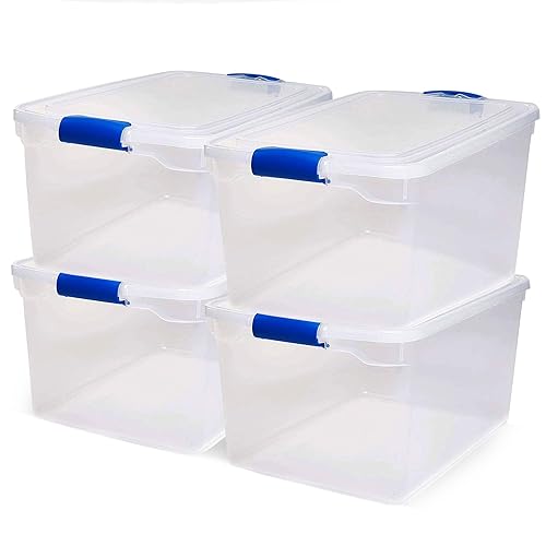 HOMZ 4-Pack Secure Latch, Clear Plastic Storage Organizer Bins, 66 Quart, Blue Latches - Stackable Organizing Containers for Home, Garage, and Office