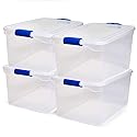 HOMZ 4-Pack Secure Latch, Clear Plastic Storage Organizer Bins, 66 Quart, Blue Latches - Stackable Organizing Containers for Home, Garage, and Office