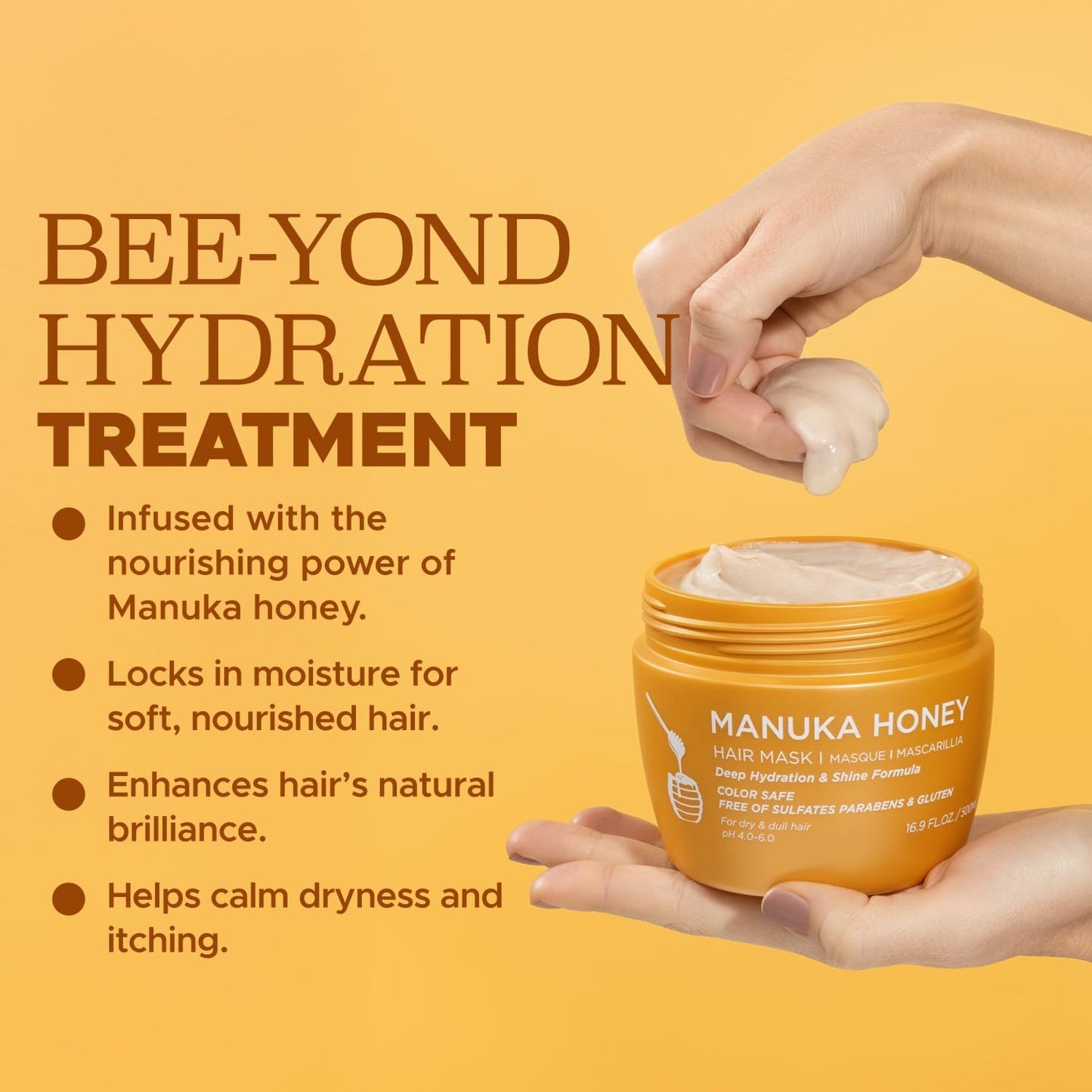 Luseta Manuka Honey Hair Mask Hydrates and Moisturizes Damaged Hair, Restores Shine to Dry, Dull Hair, Frizz Control and Sulfate Free 16.9oz
