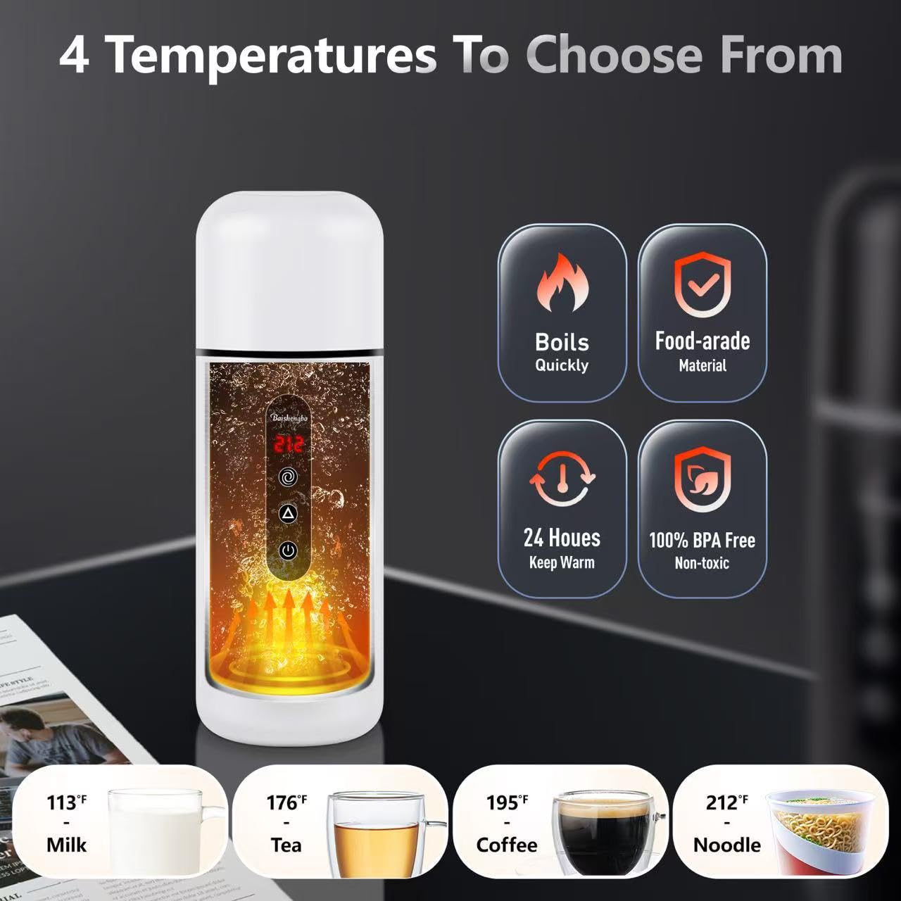 Car Electric Kettle,Portable Travel Kettle,12V/24V Car Coffee Warmer,420ML Hot Water Heater with Built-in Magnetic Induction Stirring,Small Mini Hot…