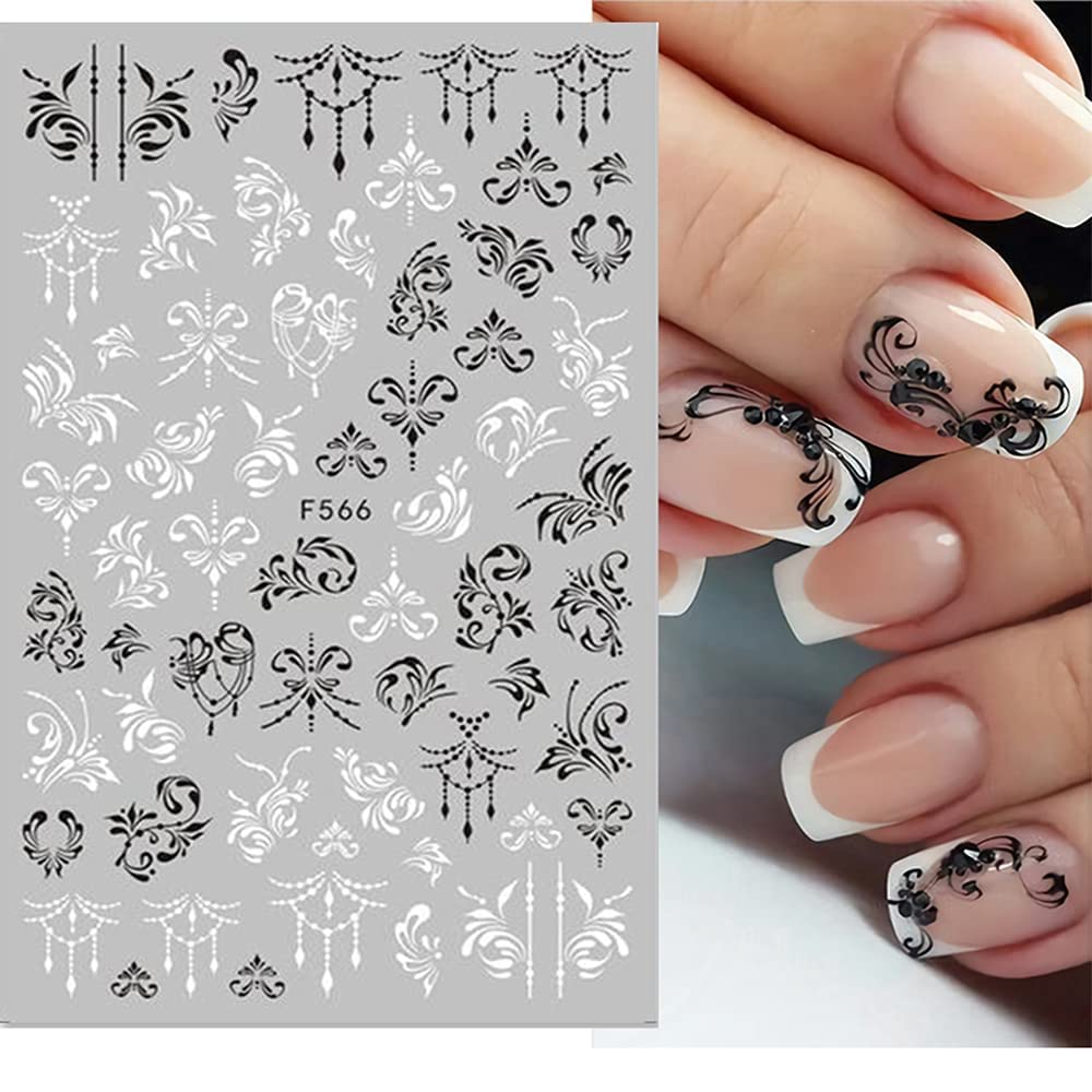 10 Sheets Black White Leaves Flowers Nail Stickers Decals,3D Self- Adhesive Retro Flower Vintage Vine Rose Flower Butterflies Nail Sticker for Women