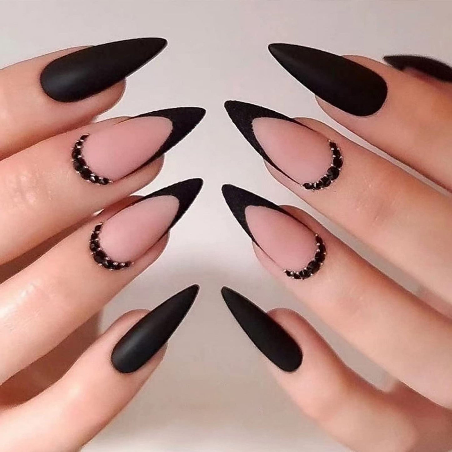 IMSOHOT Medium Press on Nails Almond Matte Black Fake Nails French Tips Acrylic False Nails with Rhinestone Designs