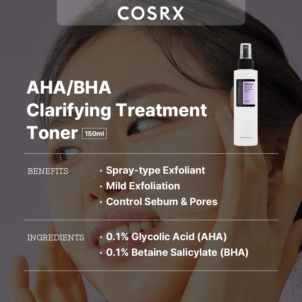 COSRX AHA/BHA Treatment Toner 5.07 fl.oz/ 150ml, Facial Exfoliating Spray for Whiteheads, Pores, & Uneven Skin, Korean Toner, Not Tested on Animals