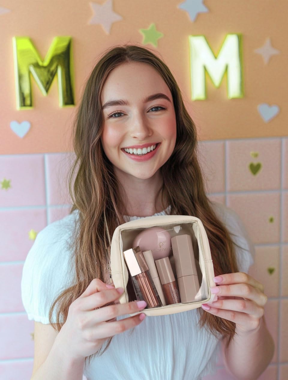 Pocmimut Mini Makeup Bag – Clear Travel Cosmetic Pouch, Toiletry Organizer for Women, Cute Purse & Car Accessories, Beige