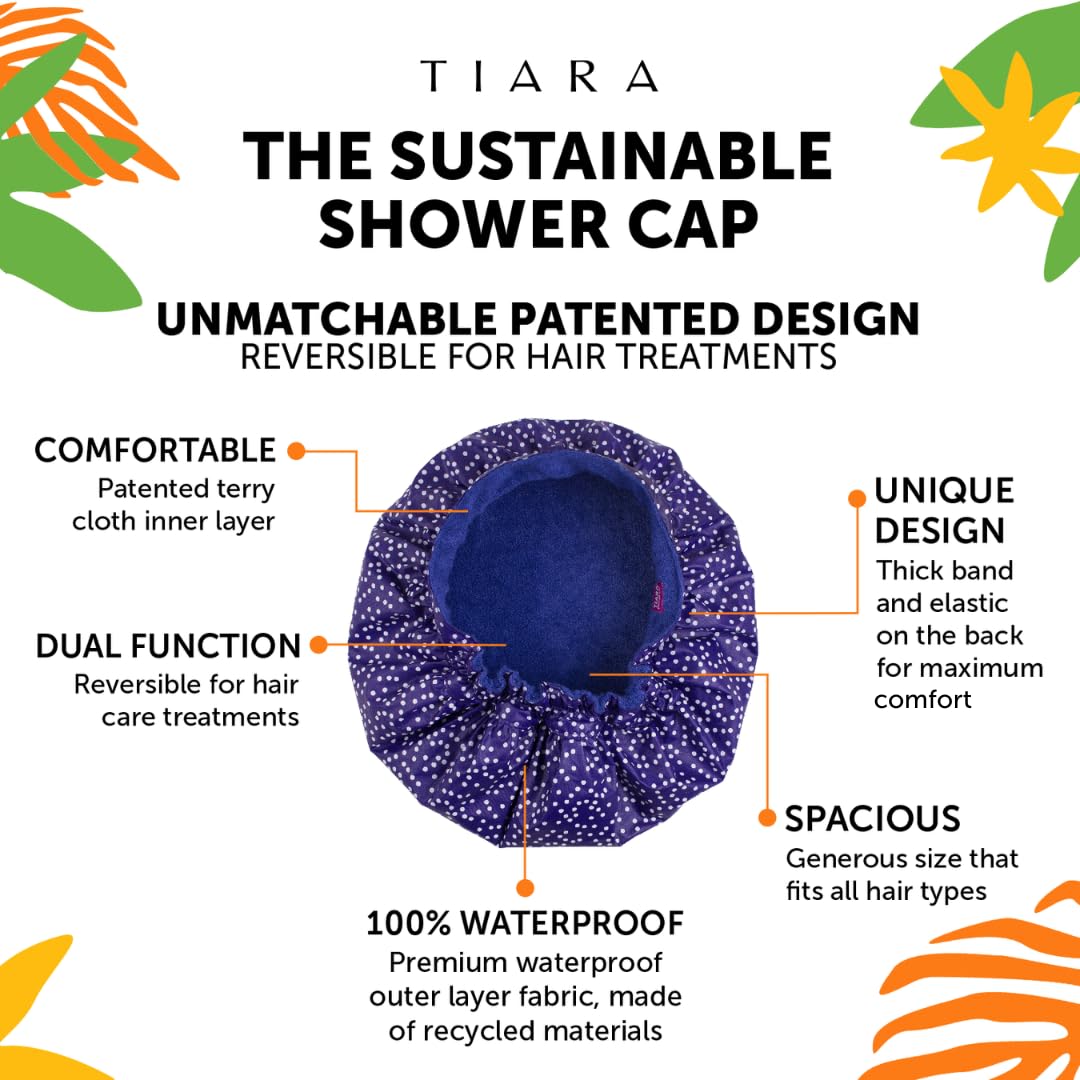 TIARA Reusable Waterproof Shower Cap for Women - Large Shower Cap for Long Thick Hair, Reversible Deep Conditioning Hair Cap, Soft Terry Lined