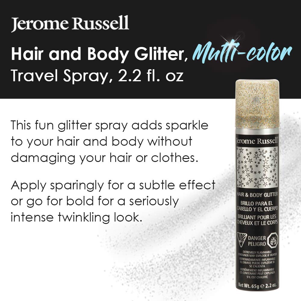 Jerome Russell Temporary Hair and Body Glitter Color Spray, Travel Spray, Lightweight, Adds Sparkly Shimmery Glow, Perfect to use On Hair, Skin, or