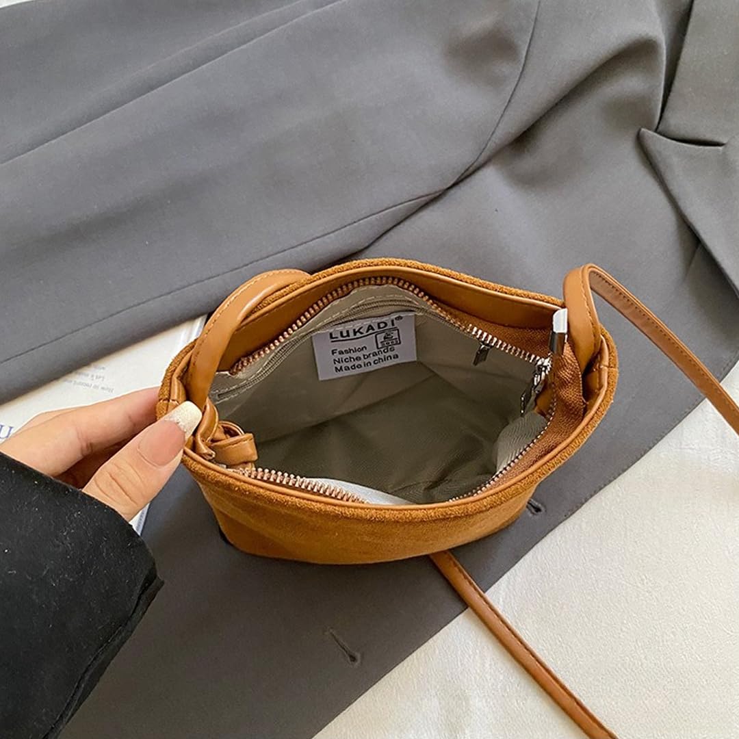Mini Suede Bucket Bags for Women Suede Slouchy Shoulder Bag Crossbody Bags Vintage Fall Purse Hobo Handbag Work Travel (Brown)