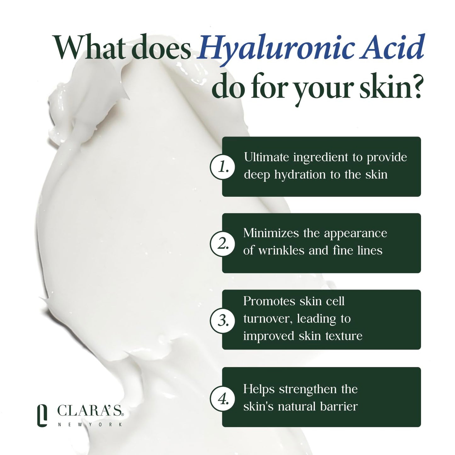 CLARA'S NEW YORK | Vegan Hyaluronic Acid Facial Cream | with Panthenol, Shea Butter | Intense Hydration Moisture Enhancing Smooth, Plump, Rich |