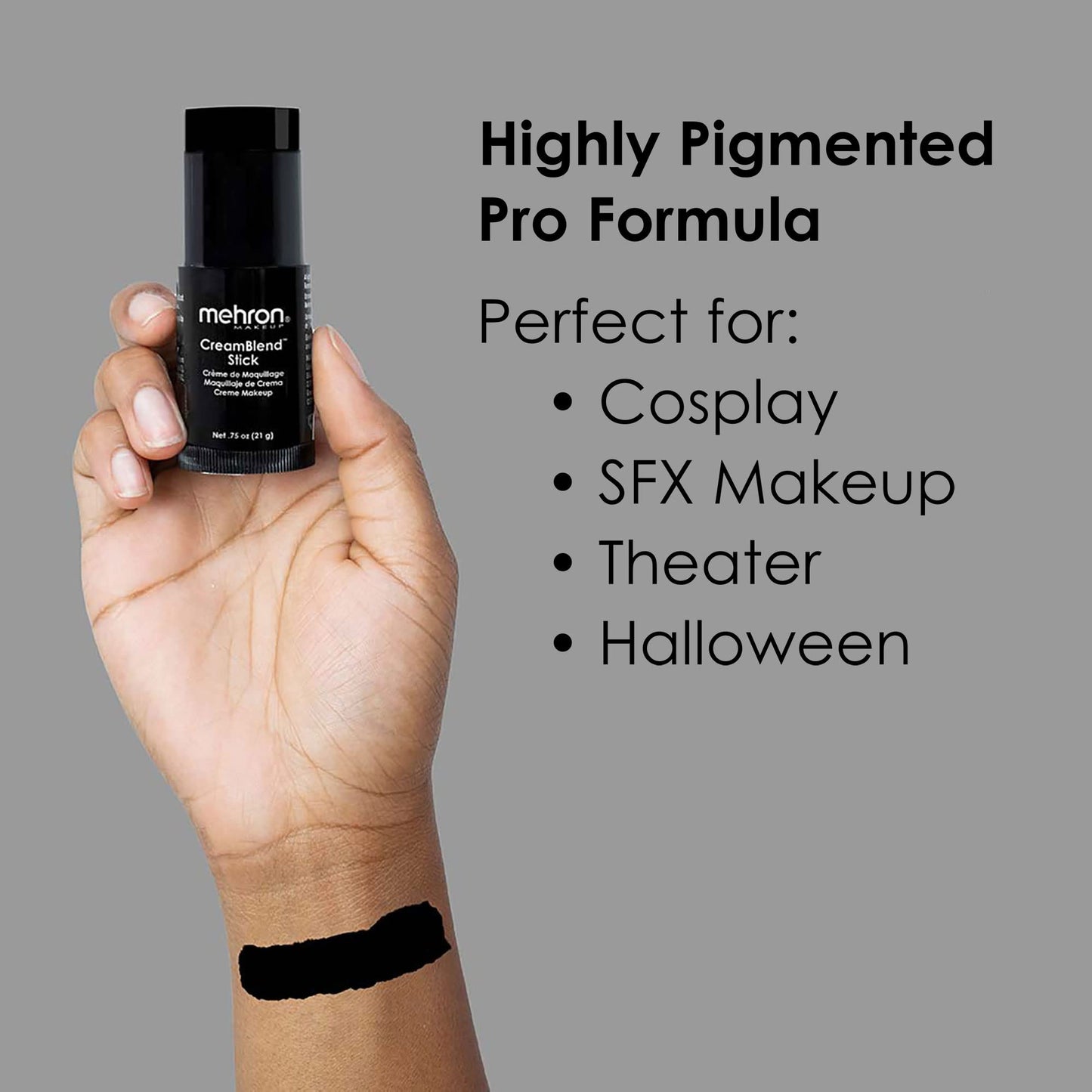 Mehron Makeup CreamBlend Stick | Face Paint, Body Paint, & Foundation Cream Makeup | Perfect for Halloween .75 oz (21 g) (Black) | Made in the USA