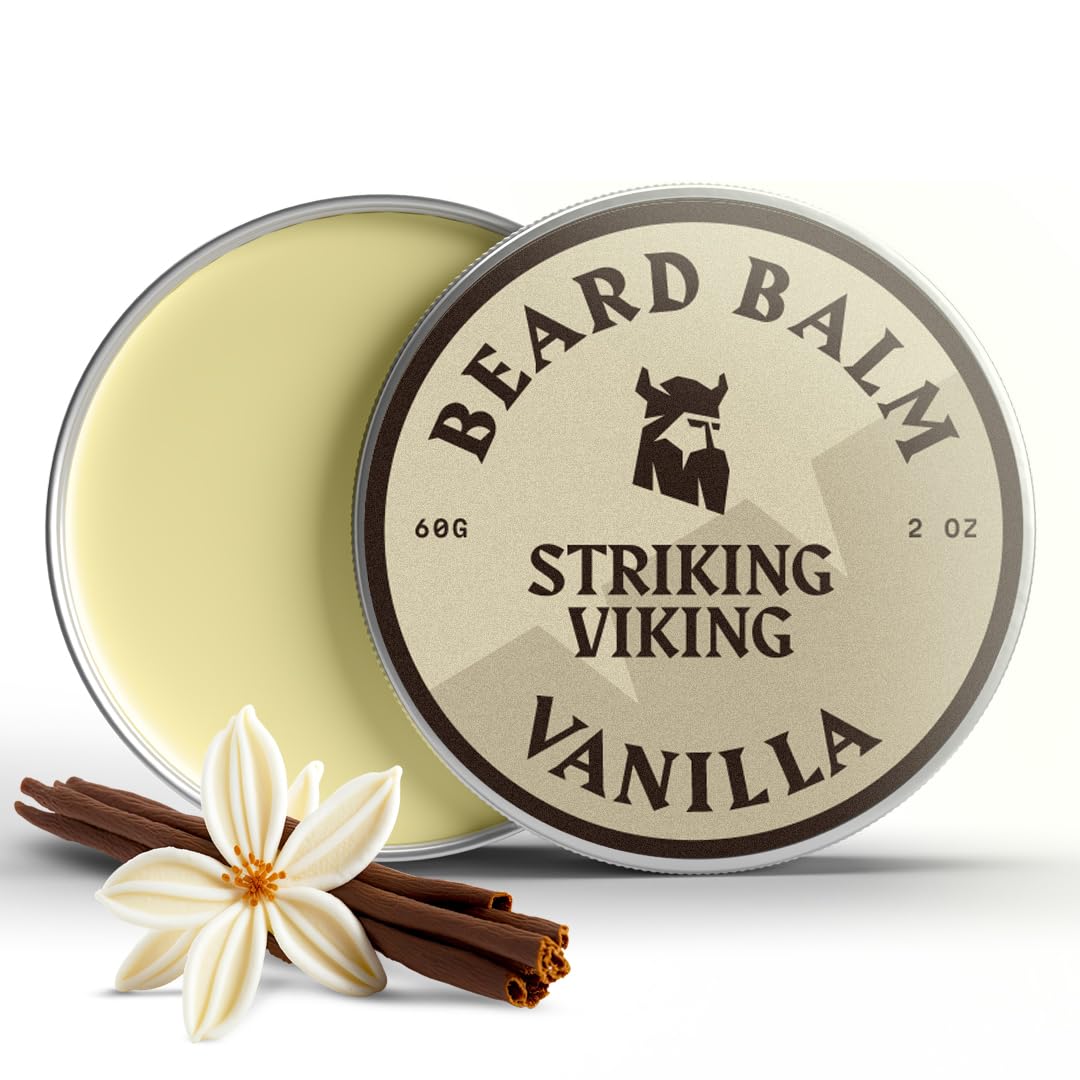 Striking Viking Beard Balm for Men - 2 oz, Vanilla Scent - Light Hold Moisturizer & Beard Conditioner for Men That Softens & Nourishes Coarse Facial