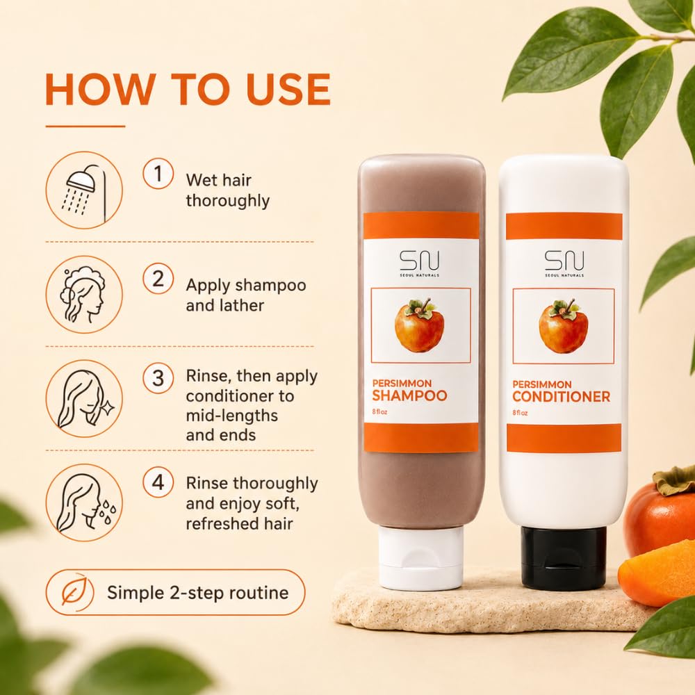 Seoul Naturals Persimmon Shampoo and Conditioner Set, Deodorizing and Nonenal Odor Eliminating, All Natural Ingredients, k beauty inspired, 16fl oz, 2