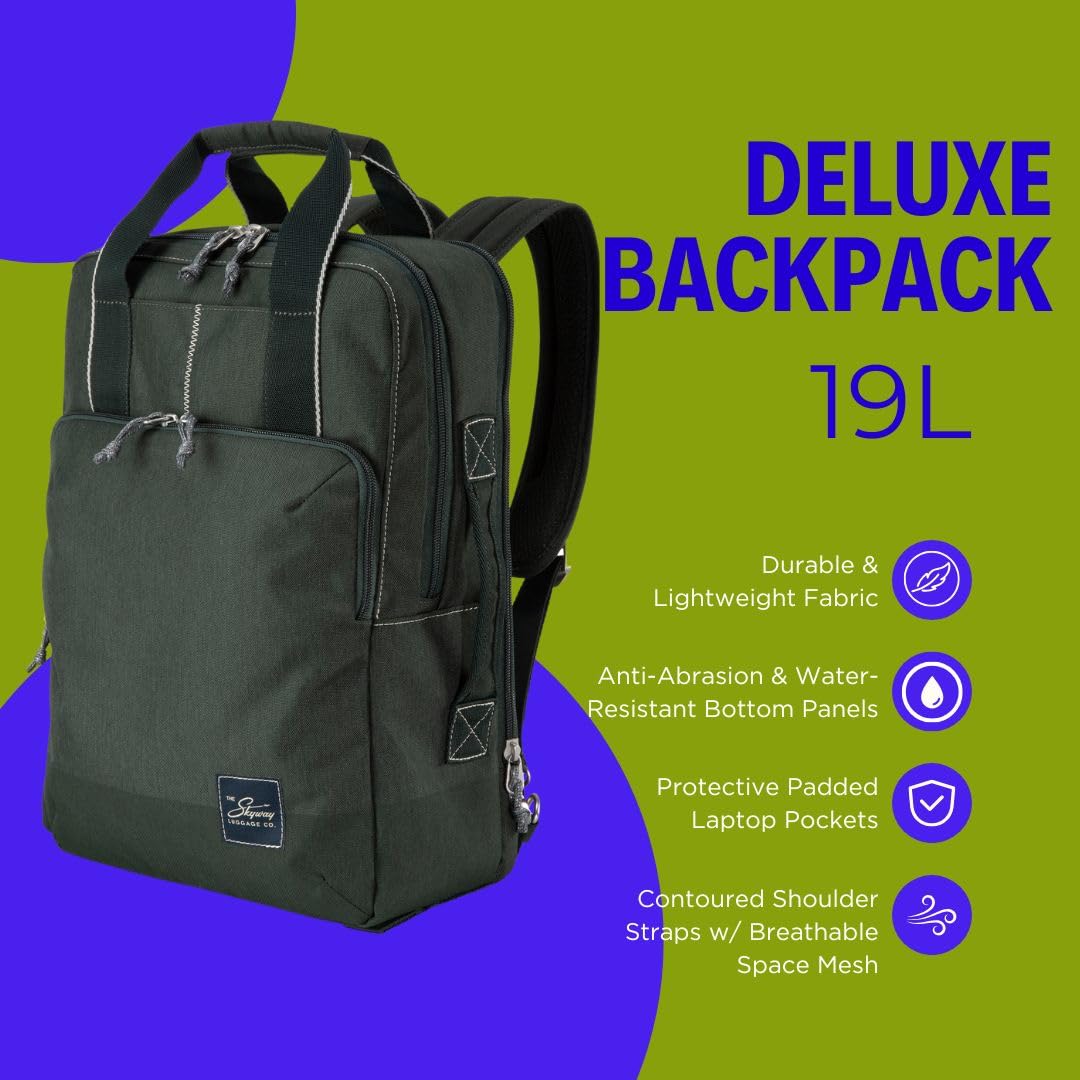 Skyway Luggage Rainier Deluxe Backpack, Eco-Friendly, Made of 100% rPET Travel Laptop Bag for Women & Men, Flight Approved Carry On Bag, 19L, Olympic Green