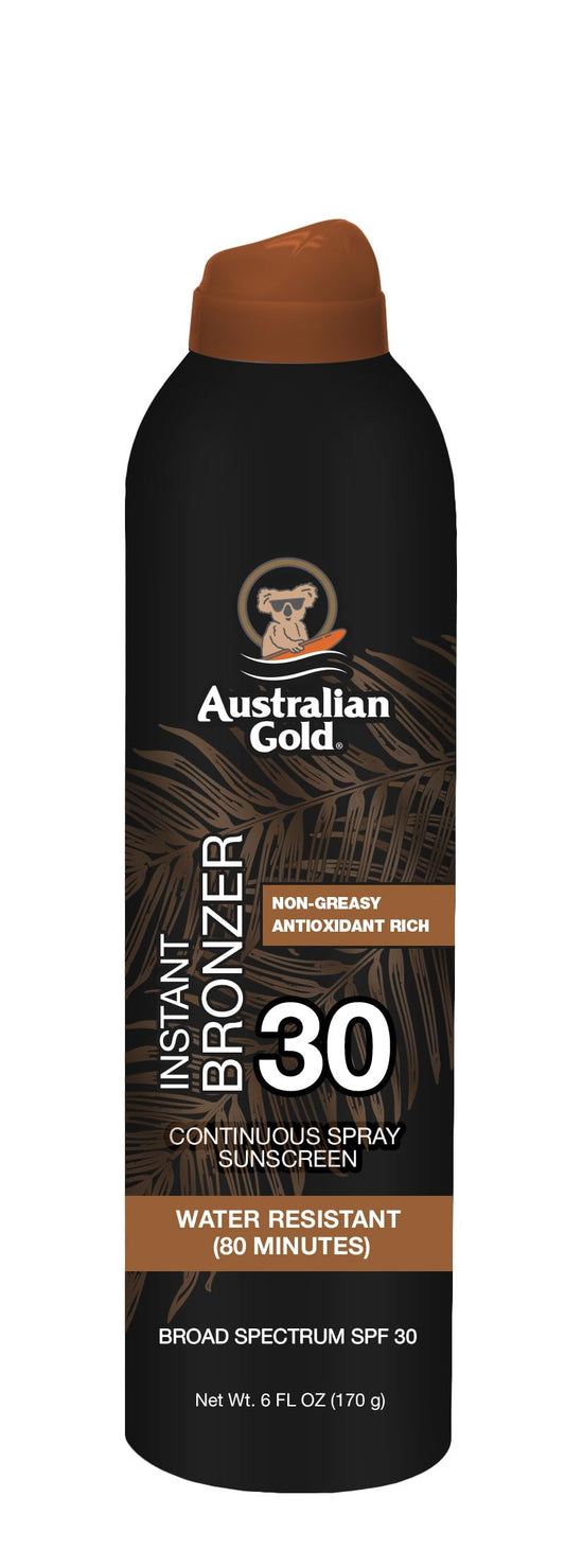 Australian Gold Continuous Spray Sunscreen with Instant Bronzer SPF 30, Immediate Glow & Dries Fast Water Resistant NonGreasy Oxybenzone