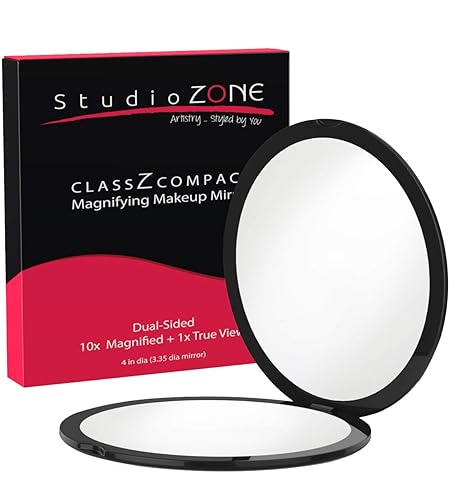 Compact Mirror - 10X Magnifying Mirror - Perfect for Purses - Small Travel Size - 2-Sided with 10X magnification and 1x w No Zoom - Black ClassZ Large