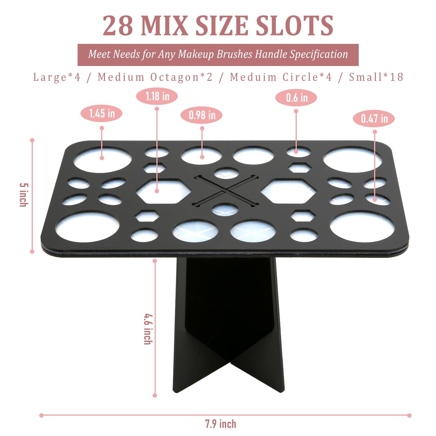 Diolan Makeup Brush Cleaning Mat & Drying Rack - 28 Holes Brush Holder, Silicone Rubber Clover Shaped Mat Cleaner - Black & Pink