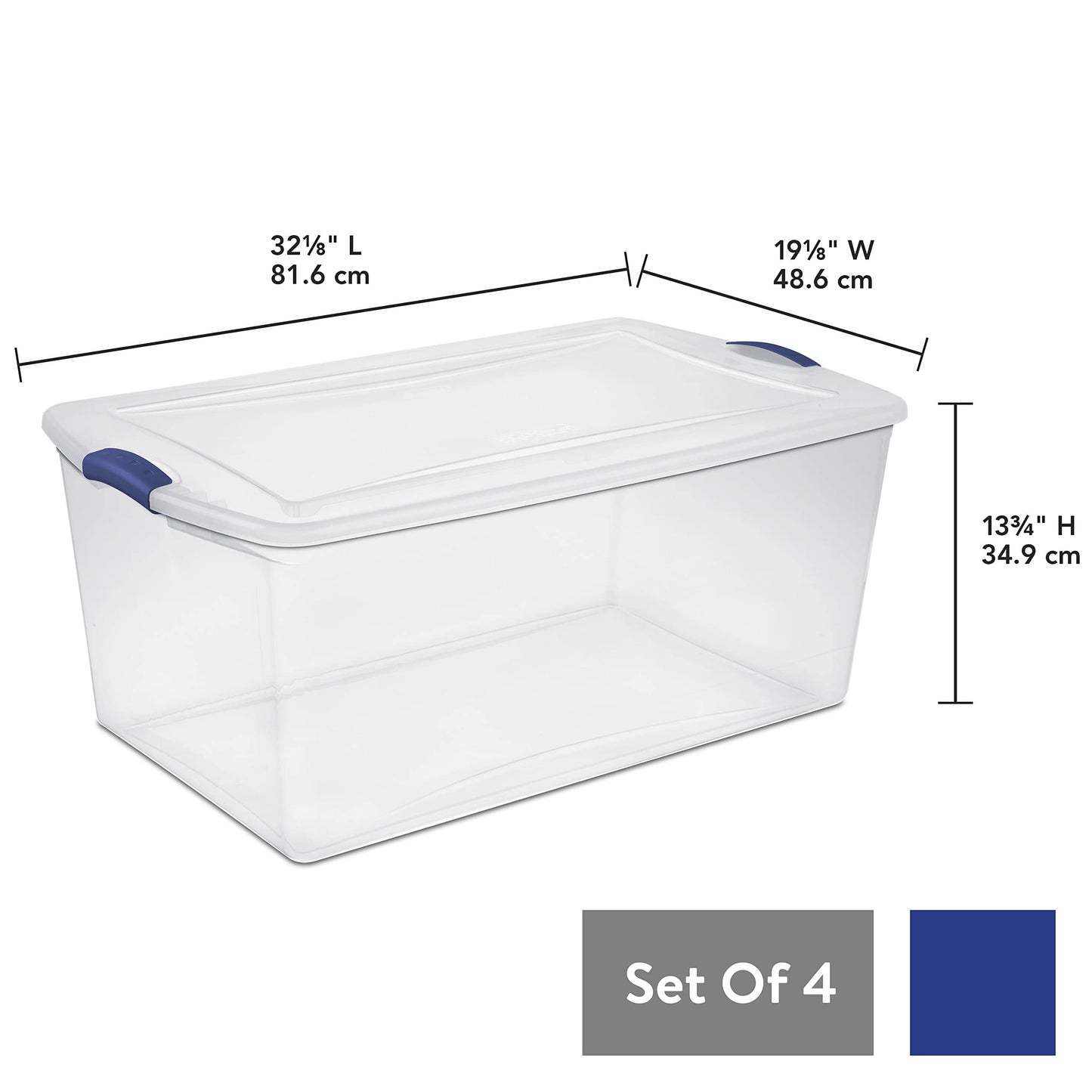 FLEAGE Large Clear Storage Bins 105 Qt. Latch Box Plastic, Stadium Blue, Set of 4