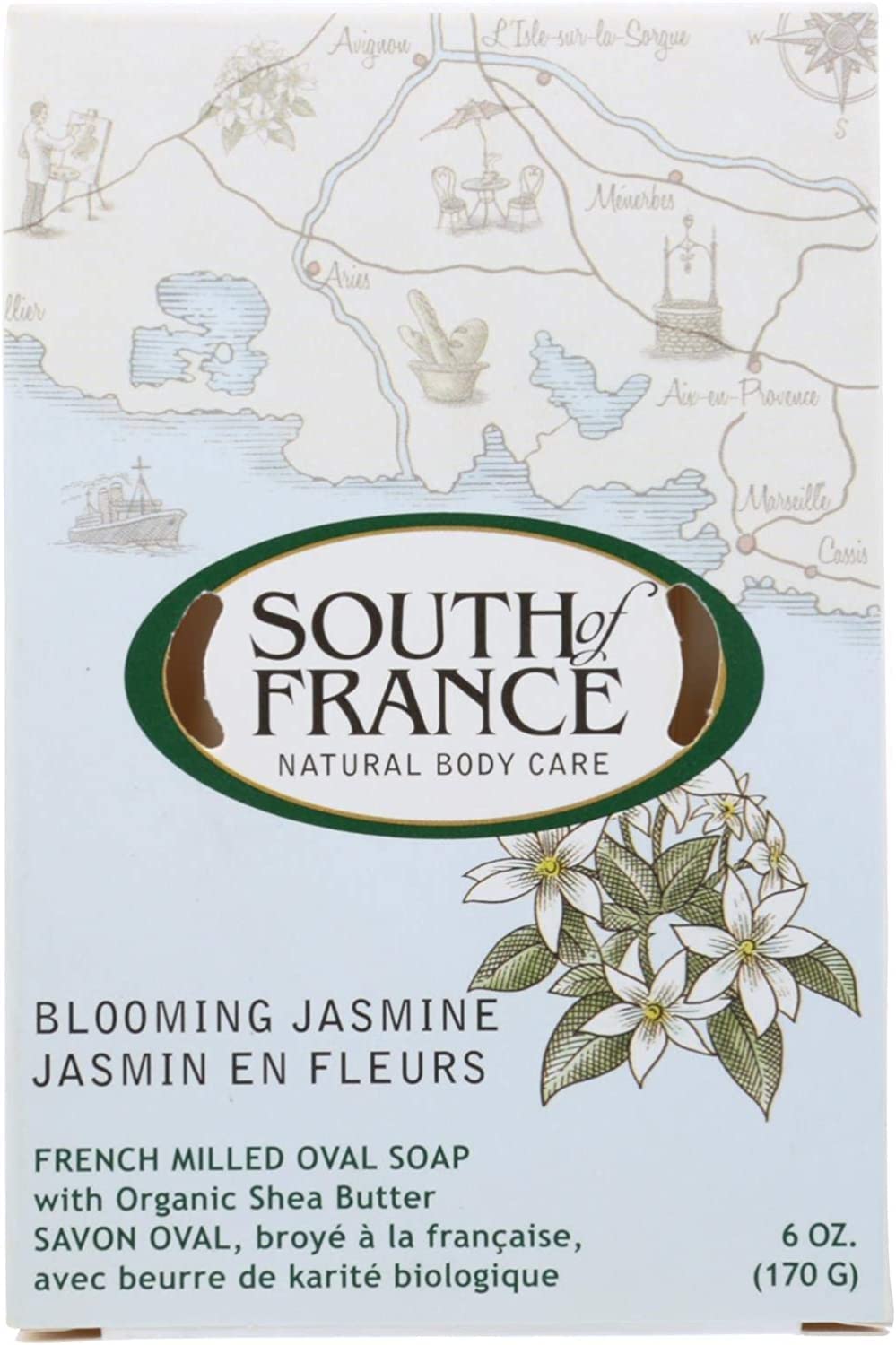 South of France, Blooming Jasmine, French Milled Oval Soap with Organic Shea Butter, 6 oz (170 g) - 2pc2