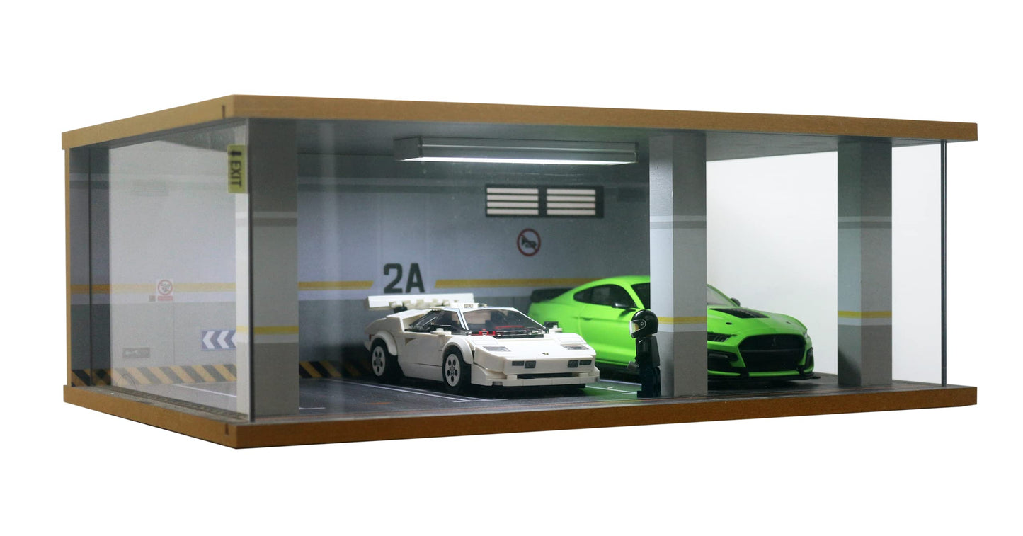 1:24 Scale Die-Cast Car Garage Display Case with Transparent Acrylic Cover and LED Lighting for 3 Parking Spaces (2A)
