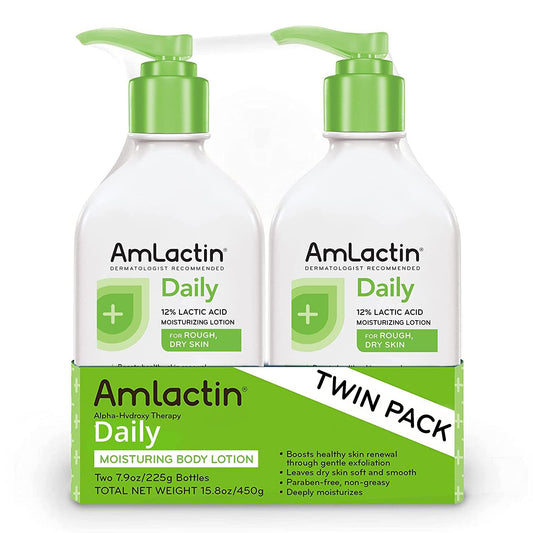 AmLactin Daily Moisturizing Lotion for Dry Skin, 12% Lactic Acid Exfoliating Body Lotion, Twin Pack 7.9 oz Pump Bottles, Dermatologist Recommended