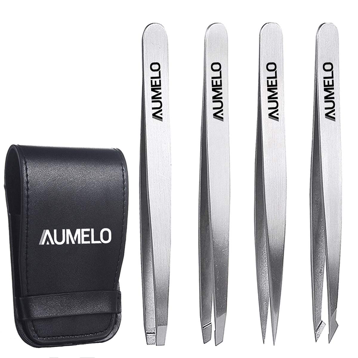 Tweezers Set 4-Piece Professional Stainless Steel Tweezers Gift with Travel Case by Aumelo - Best Precision Eyebrow and Splinter Ingrown Hair Removal