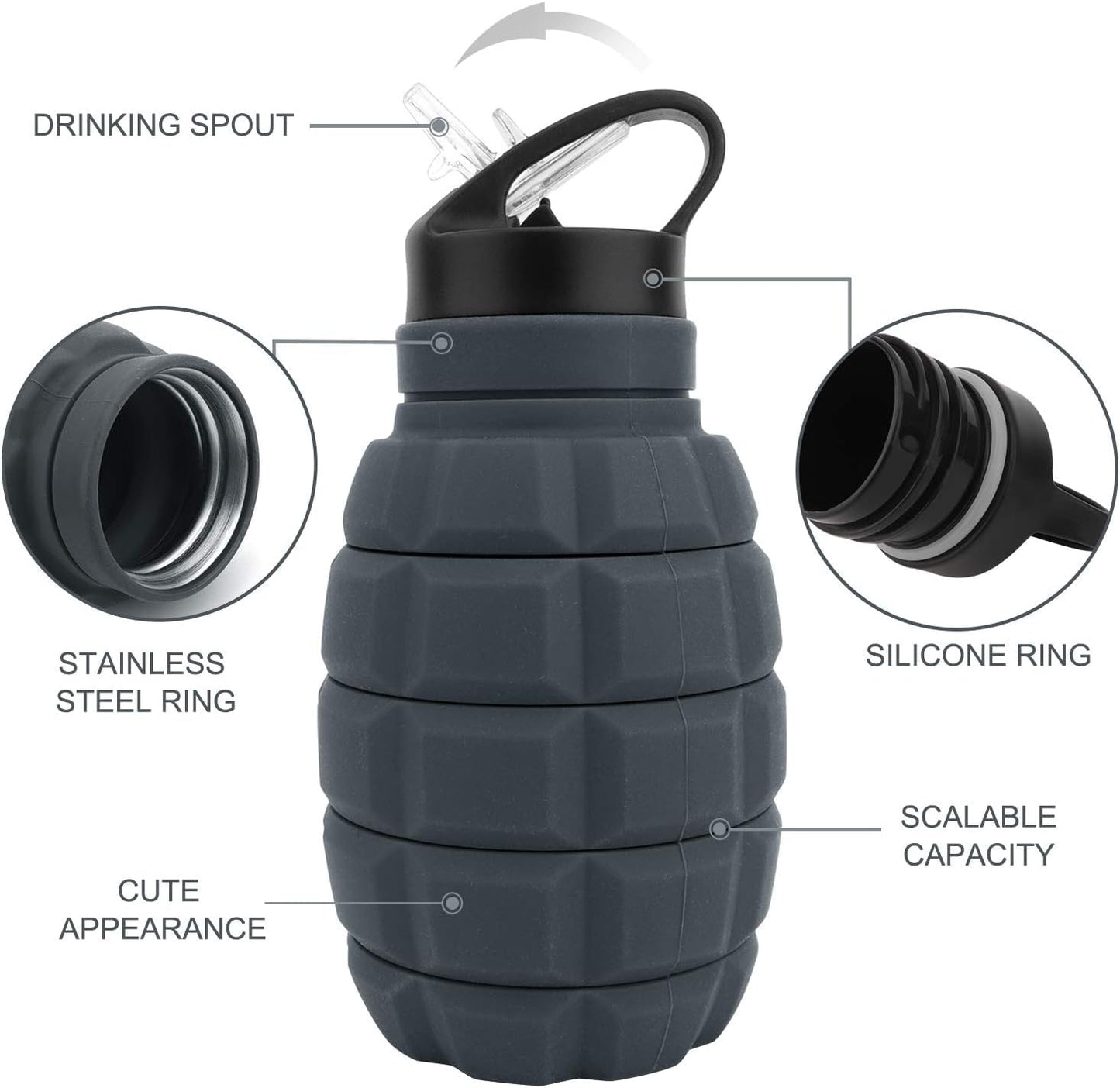 Caliber Gourmet SILICONE COLLAPSABLE TRAVEL WATER BOTTLE 580ML Reusable Silicone Foldable Water Bottles for Gym Camping Hiking, Portable Leak Proof