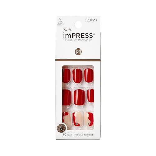 KISS imPRESS Press-On Manicure Fake Nails - Adore You, Short, Square, Red, Easy Press On, Chip Proof, Smudge Proof, Waterproof, No Dry Time Beauty & Personal Care imPRESS