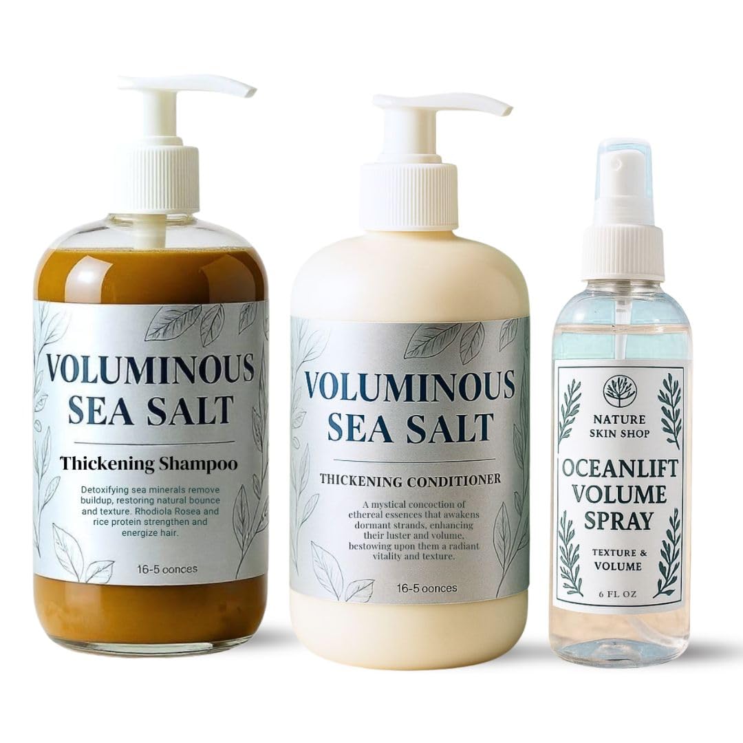 Nature Skin Shop Voluminous Hair System, 3-Piece Shampoo, Conditioner & OceanLift Spray Set for Instant Volume & Body, Thickening for Fine, Flat