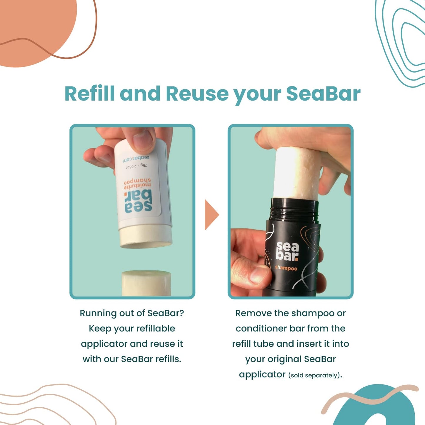 SeaBar Shampoo & Conditioner Bar Refill Set - All Natural Hair Shampoo - Vegan, Sulfate-Free, Eco Friendly Zero Waste Reusable Packaging with Travel
