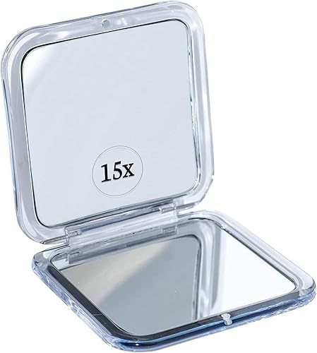 Small Compact 15X Magnifying Mirror for Travel - Handheld, Foldable & Lightweight - Mini Pocket-Sized Magnified Mirror for Purse - Square 3.3” x 3.3”