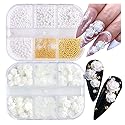 UARUOGP 90 Pcs 5D Mixed White Flower Camellia Nail Art Set and 900 Pcs 3D Nail Art Supplies Round Pearls Caviar Beads Nails Charms Tips Glitter